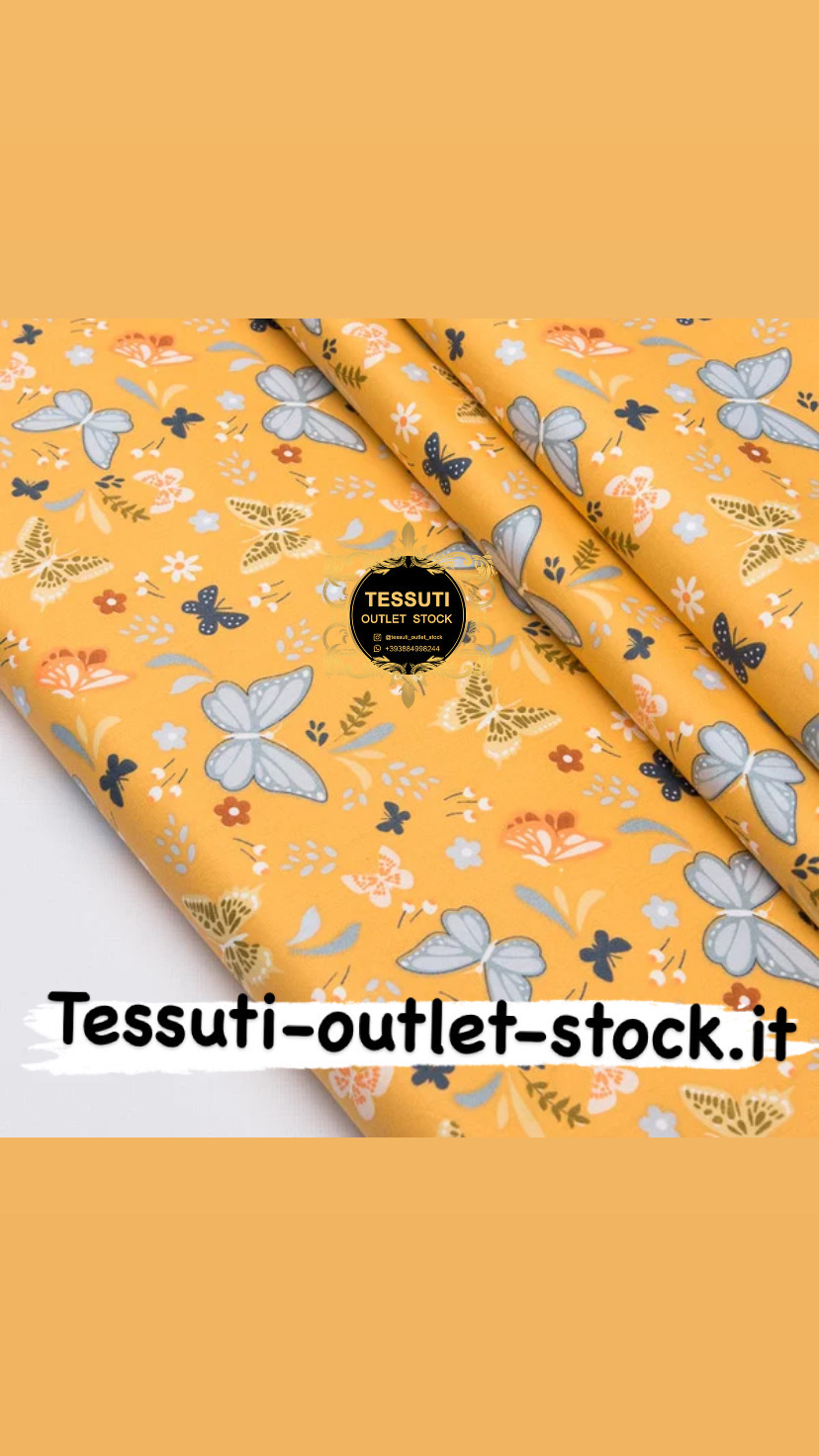 Tessuto di cotone rasatello &quot;Farfalle arancioni, gialle e grigie&quot; su sfondo giallo №3744c