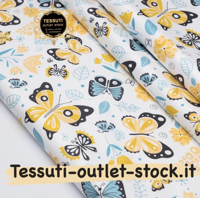 Tessuto di cotone rasatello &quot;Farfalle e fiori gialli e blu&quot; su uno sfondo bianco №3732c