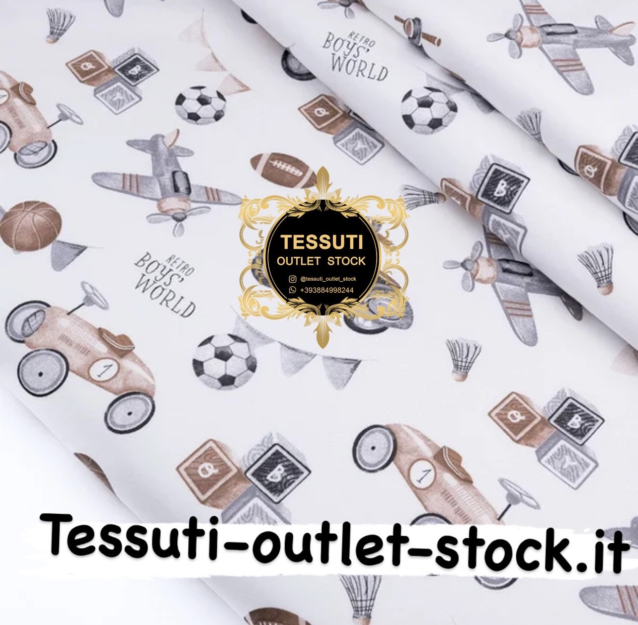 Tessuto Di Cotone Rasatello &quot;Giocattoli per bambini in stile retrò&quot; grigio-beige su bianco, 3262c