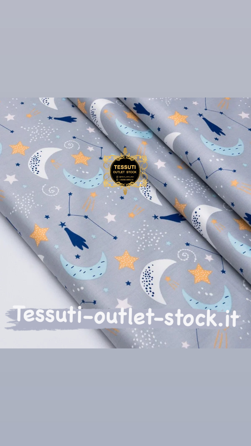 Tessuto di cotone rasatello &quot;Luna blu, costellazioni e meteoriti&quot; su grigio №3689c