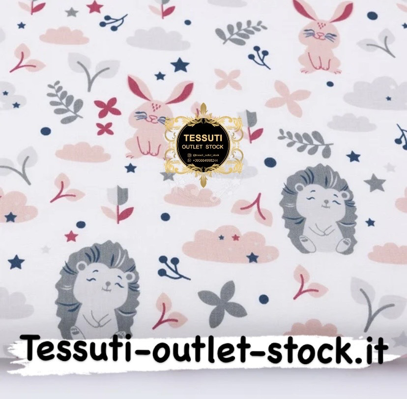 Tessuto di cotone &quot;Ricci e coniglietti con ramoscelli&quot; cipriato e grigio su bianco (№3147a)