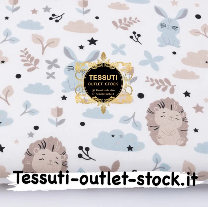 Tessuto di cotone &quot;Ricci e coniglietti con ramoscelli&quot; marrone e grigio su bianco (№3146a)
