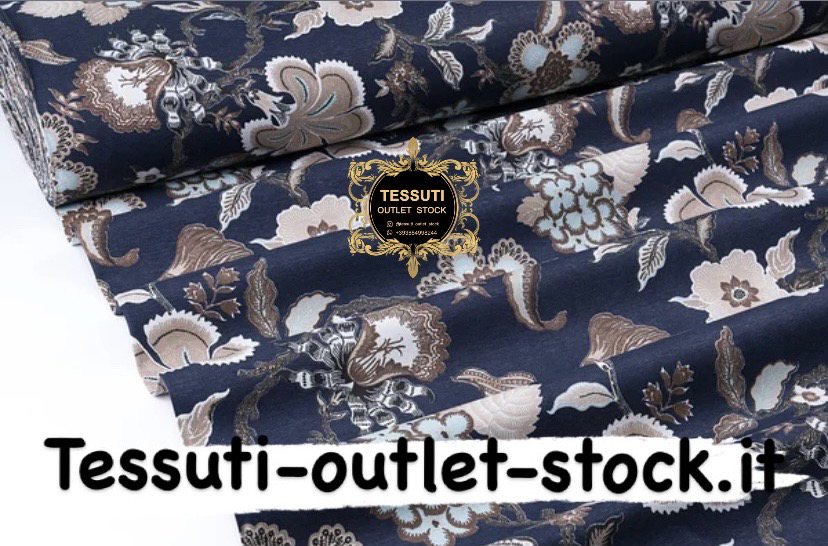 Tessuto Duck con fiori traforati beige e blu su sfondo blu DK-9024