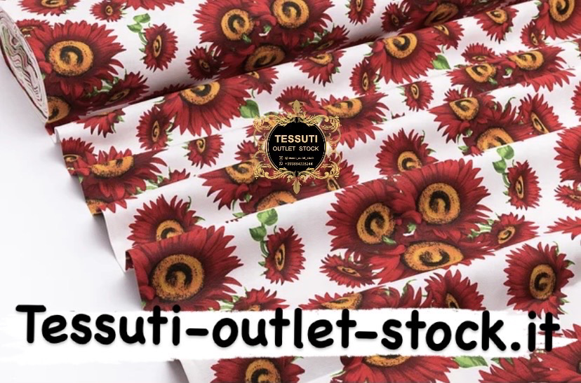Tessuto Duck &quot;Girasoli rossi&quot; su sfondo bianco DK-9114