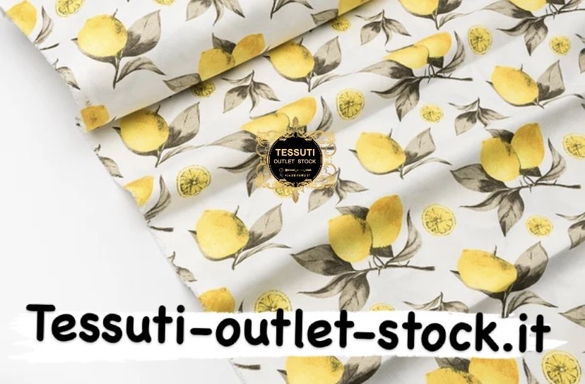 Tessuto Duck &quot;Limoni con foglie grigie&quot; su sfondo bianco
 DK-9108