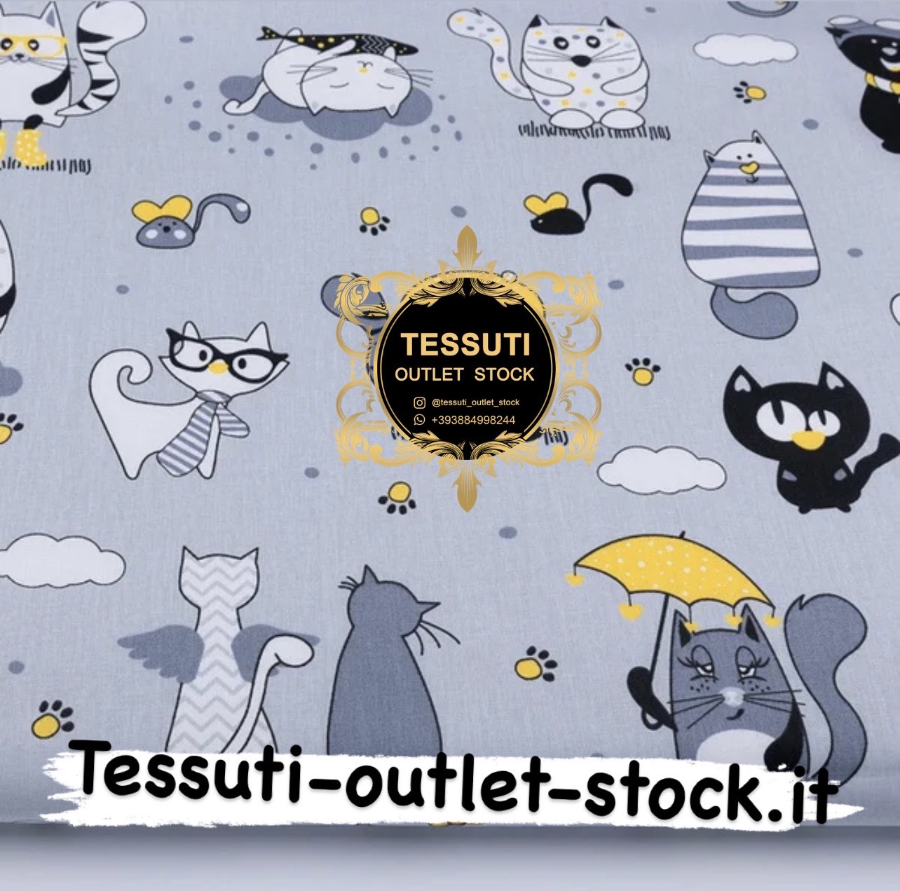 Tessuto in cotone &quot;Gatti con ali e ombrello giallo&quot;, №3167