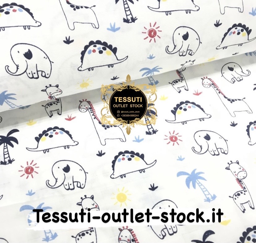Tessuto in mussola a due strati Elefanti e giraffe con palme blu su bianco (larghezza 1,6 m)