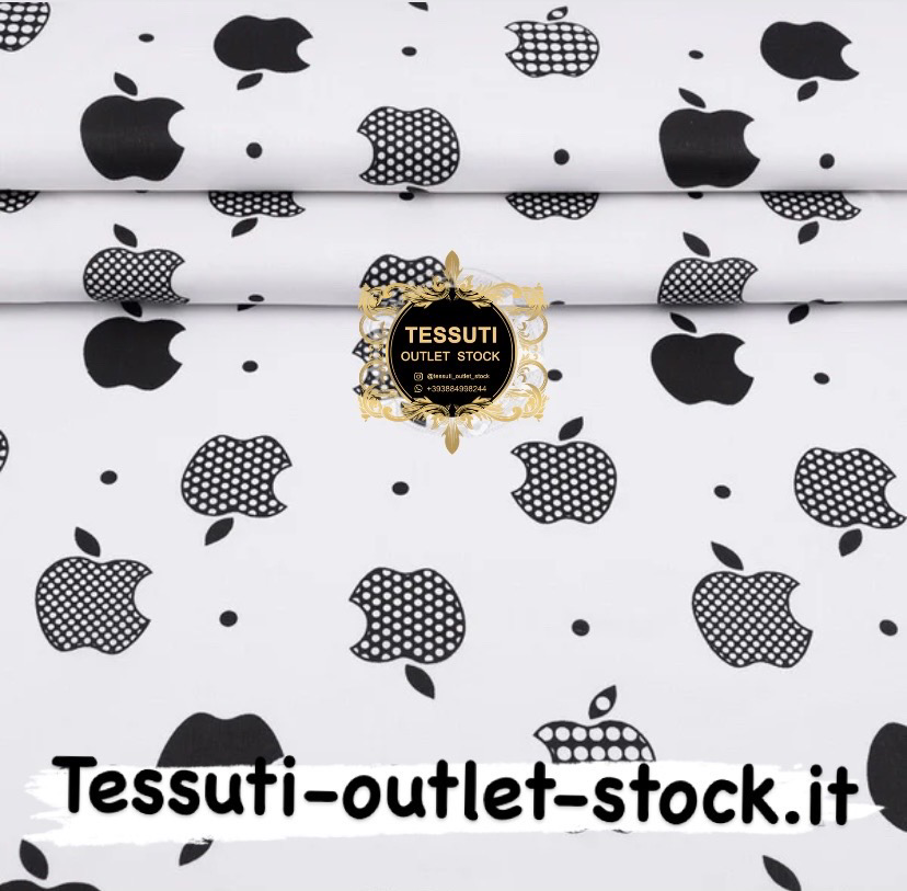 Tessuto policotone &quot;Mela Apple nera&quot; su fondo bianco, larghezza 220 cm