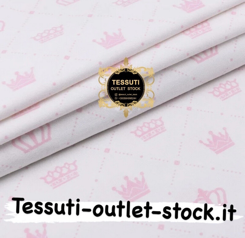 Flanella fantasia corone in diamanti punteggiati rosa su sfondo bianco, larghezza 240 cm