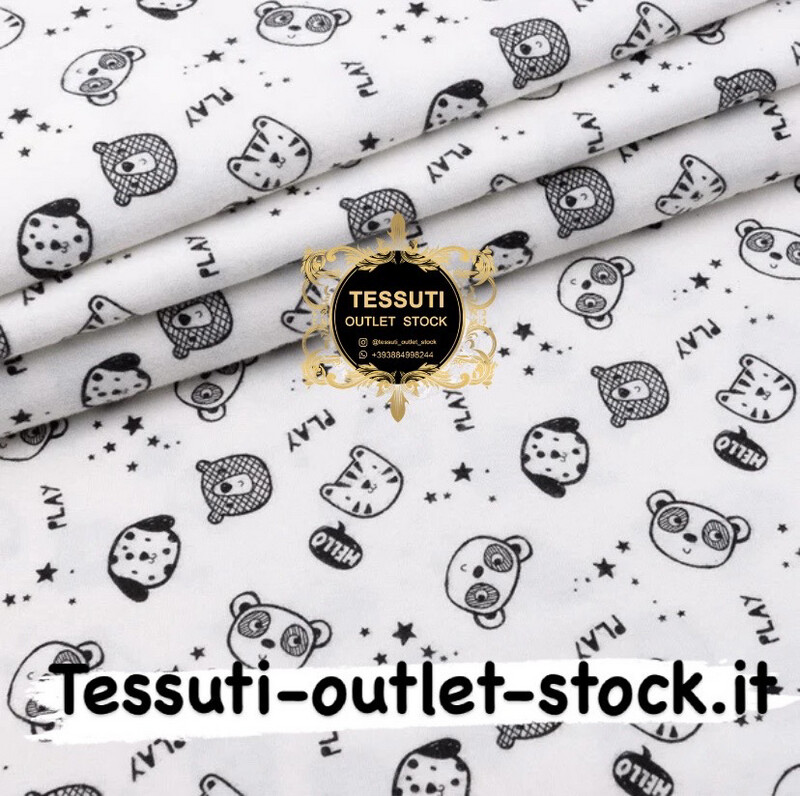 Flanella fantasia  &quot;Musetti neri di animali&quot; su bianco, larghezza 240 cm