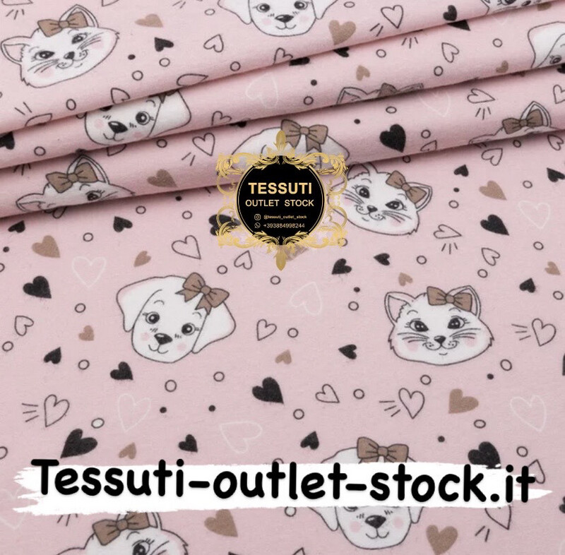 Flanella per bambini &quot;Muso di cani e gatti con fiocchi&quot; su fondo rosa, larghezza 150 cm