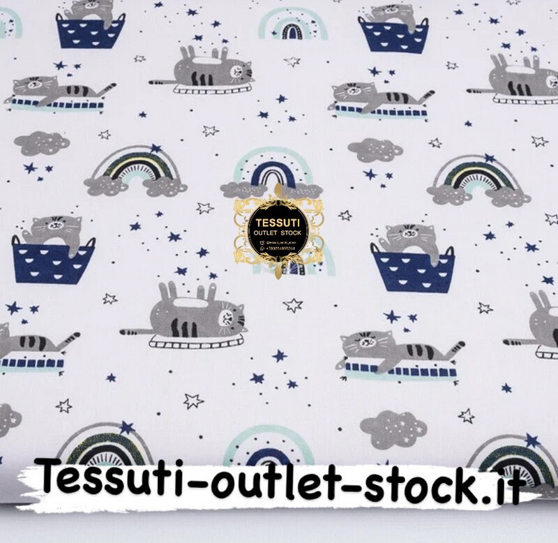 Tessuto di cotone &quot;Gatti pigri in un cestino blu&quot; su sfondo bianco, №3833