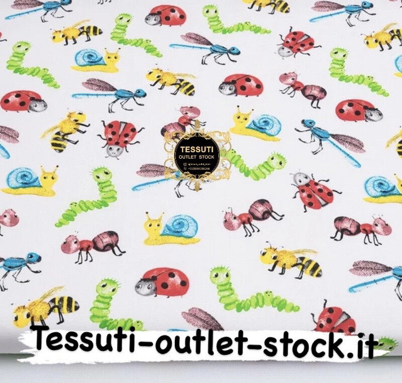 Tessuto di cotone &quot;Insetti multicolori&quot; su sfondo bianco, №3832