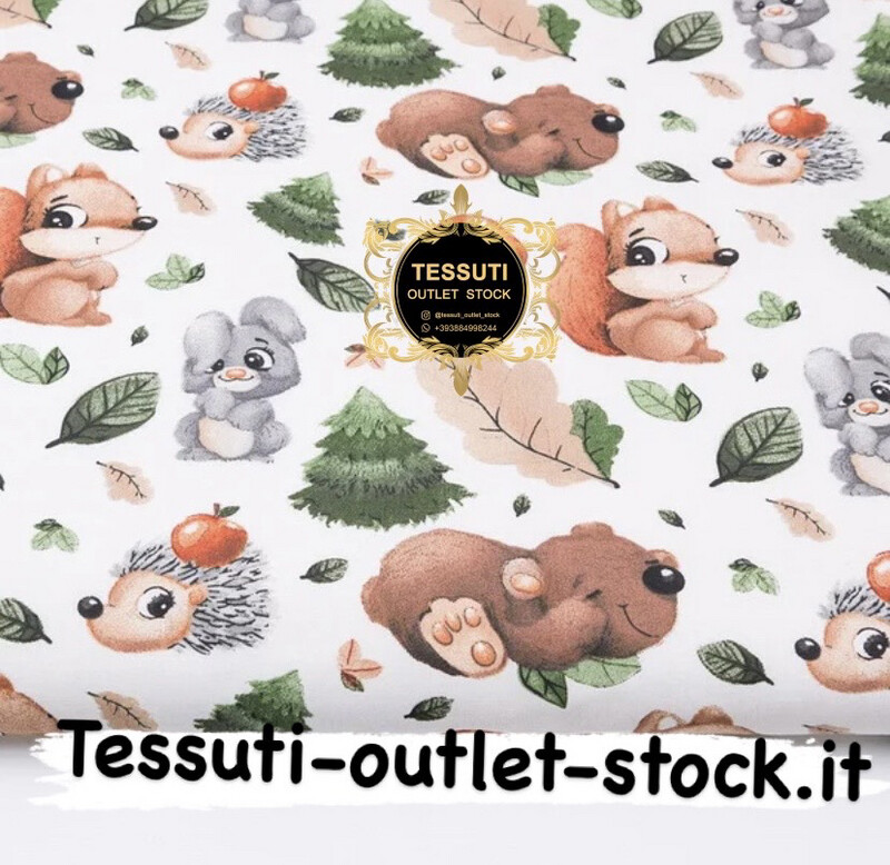 Tessuto di cotone &quot;Orsi e foglie di quercia&quot; su sfondo bianco №3049a