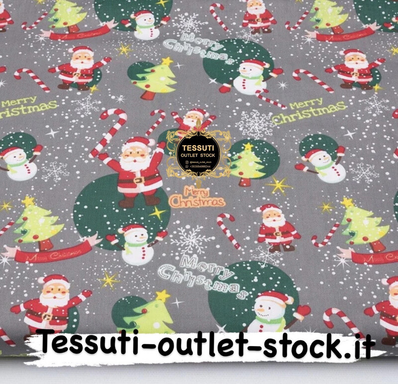 Tessuto di cotone natalizio &quot;Babbo Natale con bastone, pupazzi di neve e alberi di Natale&quot; su grigio, №3886