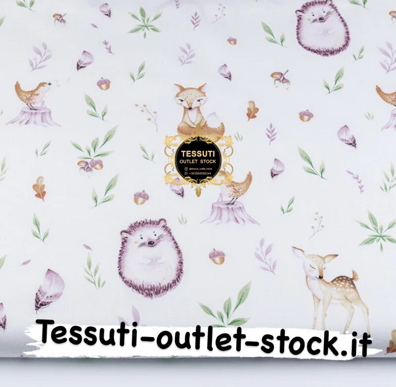 Tessuto di cotone &quot;Ricci, finferli e uccelli su un ceppo&quot; su sfondo bianco (№3523)