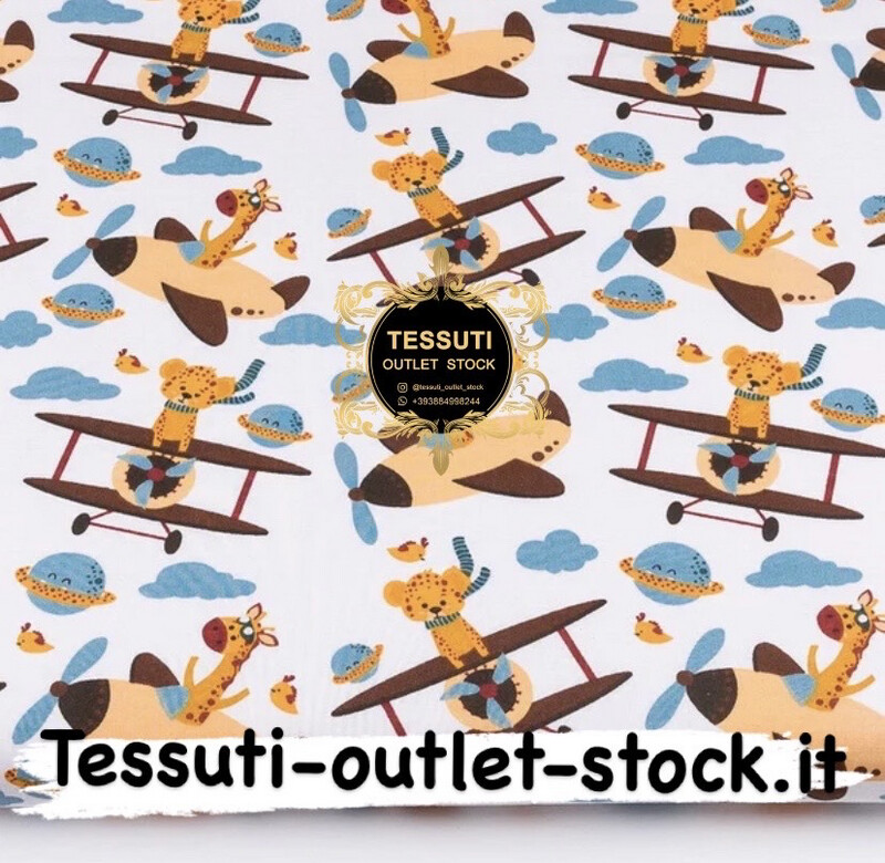Tessuto Cotone  &quot;Giraffa e cucciolo di leone in aeroplani&quot; su sfondo bianco (№3373a)