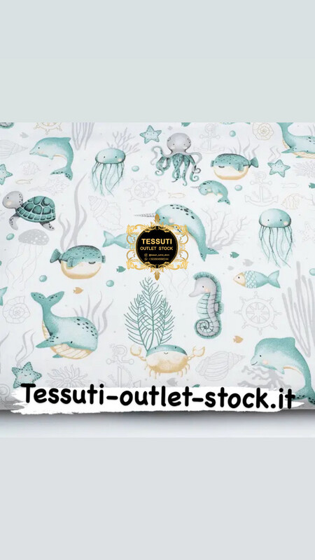 Tessuto calicò &quot;Cavallucci marini, tartarughe, meduse, balene&quot; verde su bianco (№4092)