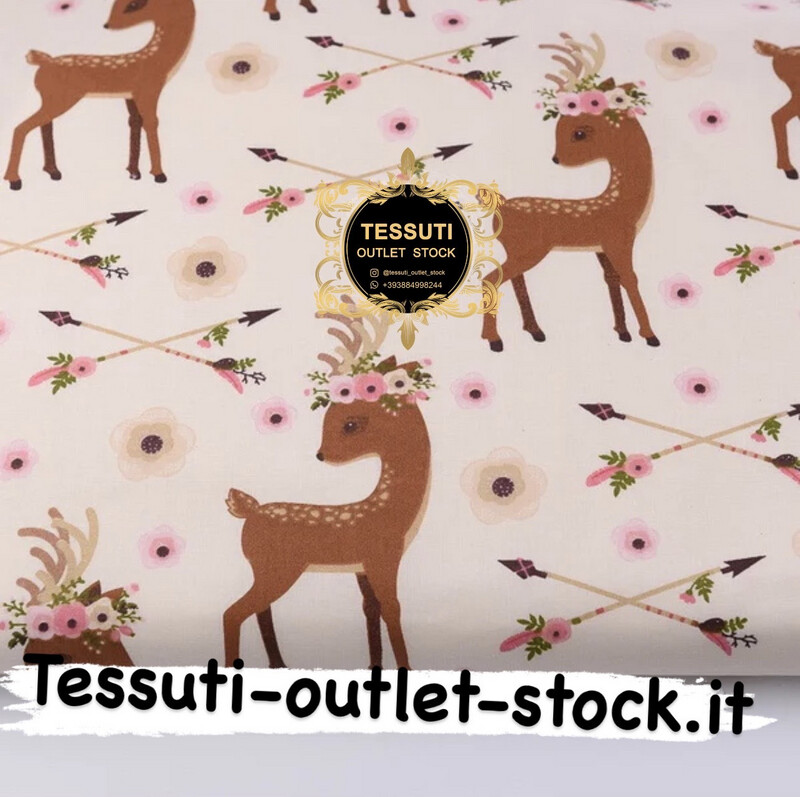 Tessuto di cotone &quot;Capriolo e frecce&quot;, sfondo beige, № 2669