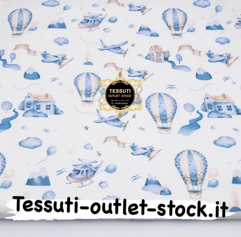 Tessuto di cotone &quot;Case, palloncini ed elicotteri&quot; turchese scuro su sfondo bianco, № 3859