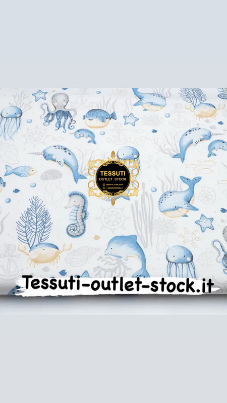 Tessuto di Cotone &quot;Cavallucci marini, tartarughe, meduse, balene&quot; azzurro su bianco (№4093)