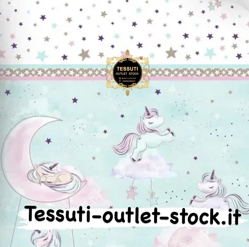 Tessuto di cotone con coupon &quot;Unicorni su un&#39;altalena dalle nuvole&quot; rosa su menta, №3571