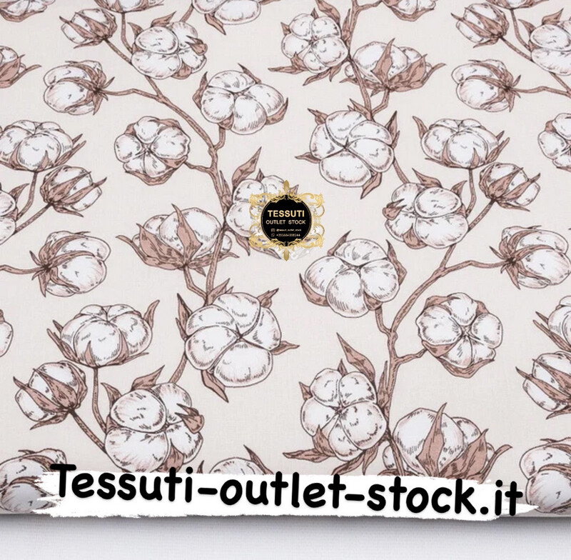 Tessuto di cotone  &quot;Cotone su un ramo&quot; su fondo beige, №3901