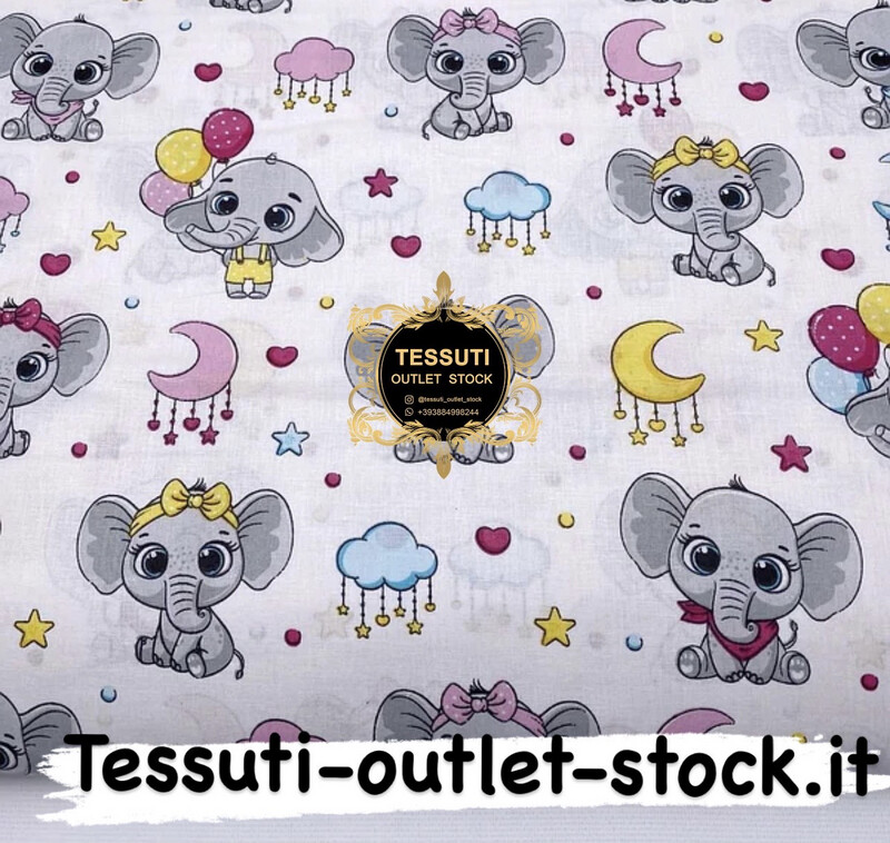 Tessuto di cotone &quot;Elefanti con palle, nuvole, luna&quot; su sfondo bianco, №3907