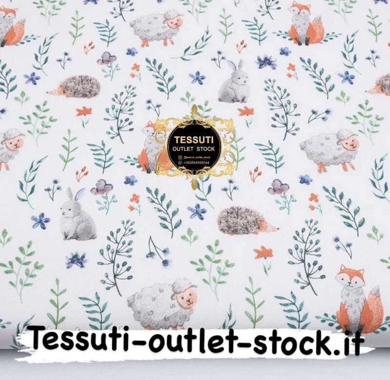Tessuto di cotone &quot;Fantaloni arancioni, coniglietti, ricci e fiori blu&quot; su sfondo bianco, №3827