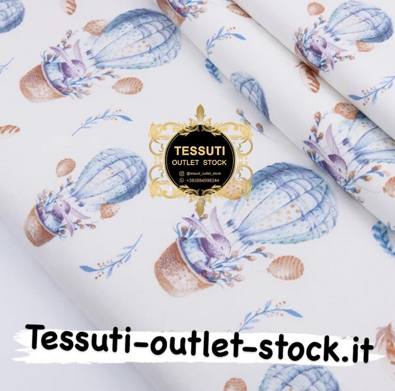 Cotone rasatello &quot;Coniglio su mongolfiera e piume&quot; su bianco , №2778с