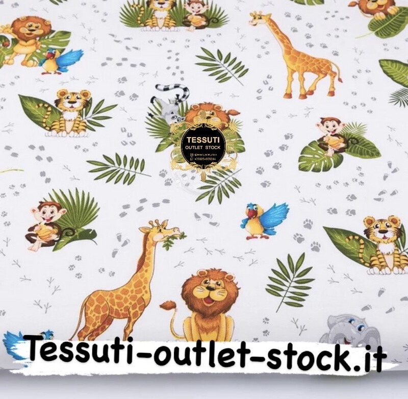Cotone rasatello &quot;Giraffe e leoni&quot; con foglie verde chiaro su fondo bianco (№3155)