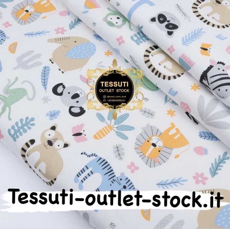 Tessuto di cotone rasatello &quot;Africa&quot; ​​​​con vari animali su bianco, 3178c