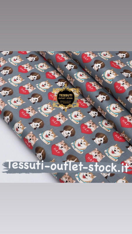Tessuto di cotone rasatello &quot;Cani con cuori rossi&quot; su sfondo grigio, №3711c