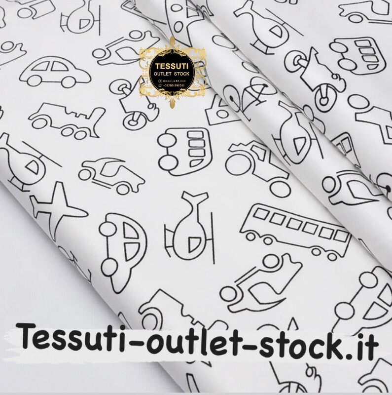 Tessuto di cotone rasatello &quot;Contorni di veicoli&quot; nero su bianco, №3713c