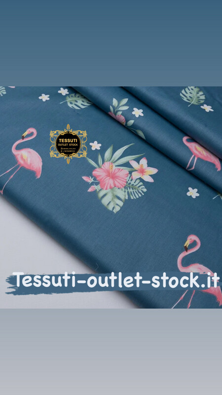 Tessuto di cotone rasatello &quot;Flamingo e ibisco rosa&quot; su uno sfondo turchese scuro, №3733с