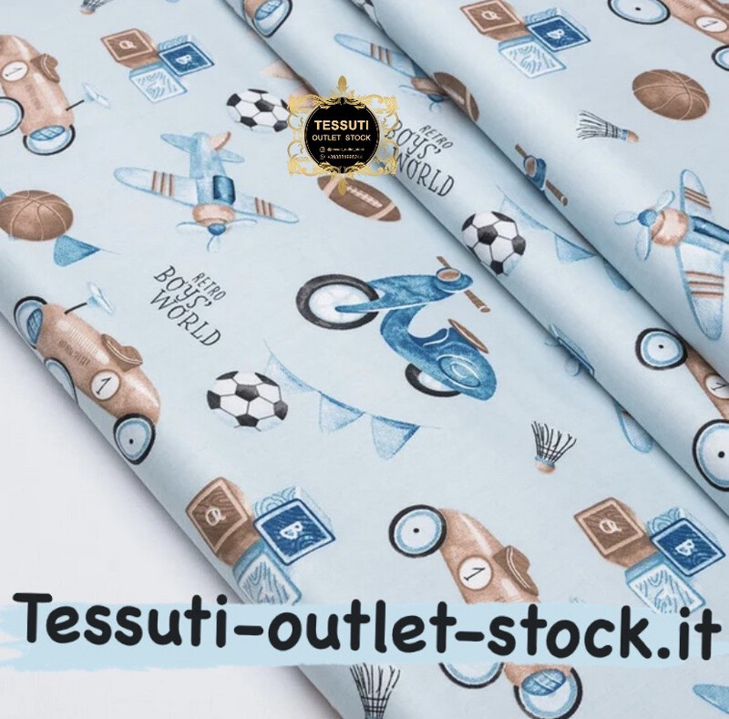 Tessuto di cotone rasatello &quot;Giocattoli per bambini in stile retrò&quot; blu-beige su turchese chiaro, №3647c