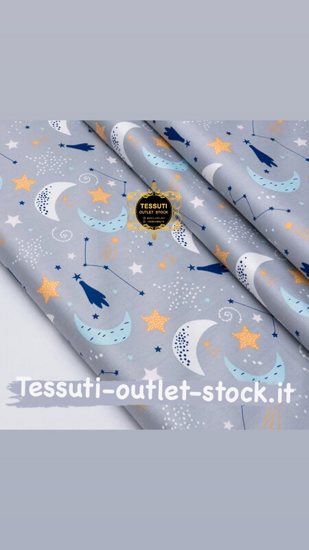Tessuto di cotone rasatello &quot;Luna blu, costellazioni e meteoriti&quot; su grigio №3689c