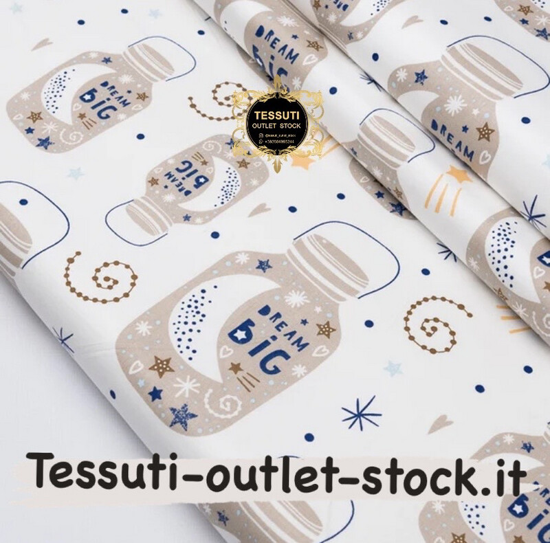 Tessuto di cotone rasatello &quot;Vasetti Dream big&quot; beige su bianco №3748c