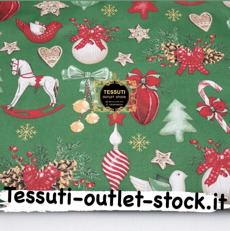 Tessuto di cotone  &quot;Cavalli e giocattoli di Natale&quot; su sfondo verde №3899