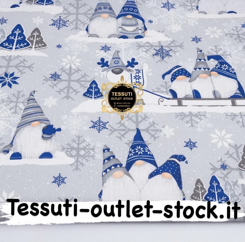 Tessuto di cotone natalizio&quot;Trio di gnomi scandinavi&quot; blu su grigio chiaro №3855