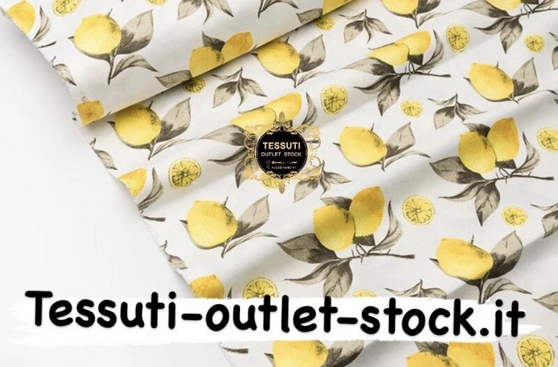 Tessuto Duck &quot;Limoni con foglie grigie&quot; su sfondo bianco
 DK-9108