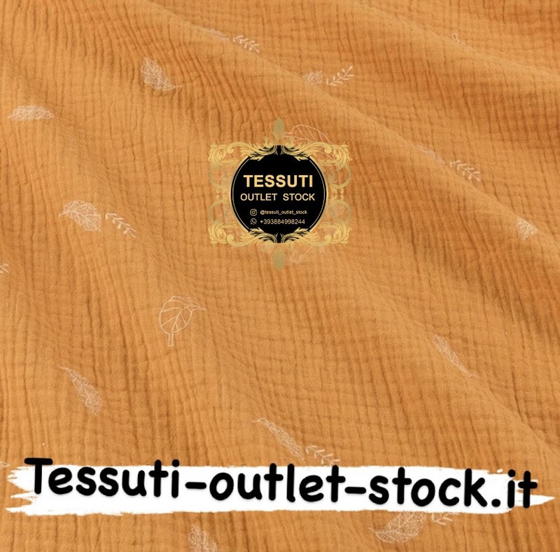 Mussola doppia garza con foglie su fondo senape, larghezza 135 cm. МС-D-0144