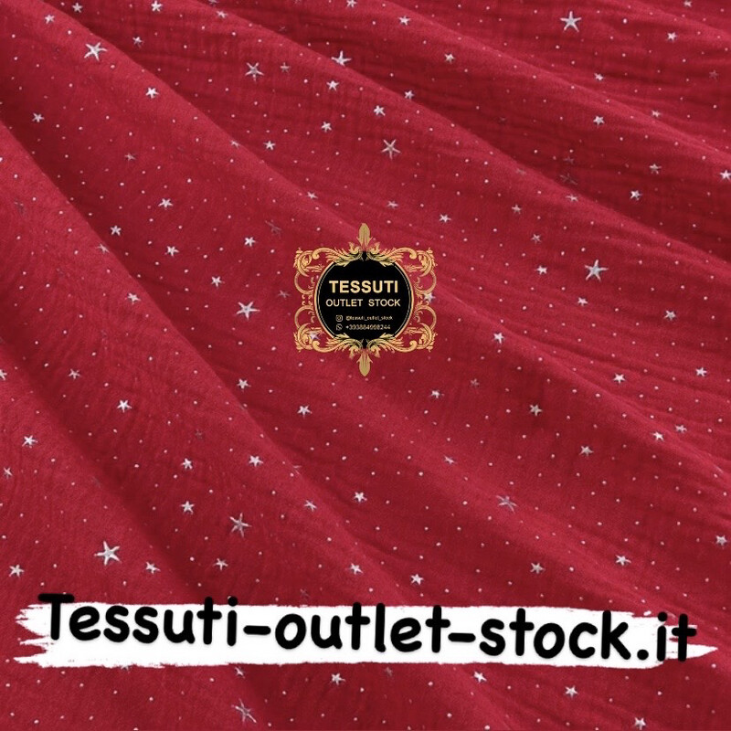 Mussola  doppia garza con stelle argento su fondo rosso, larghezza 135 cm МС-D-0267