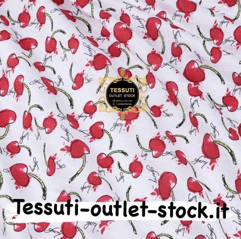 Quadrati di mussola &quot;Ciliegie Dipinte&quot; su bianco, larghezza 160 cm