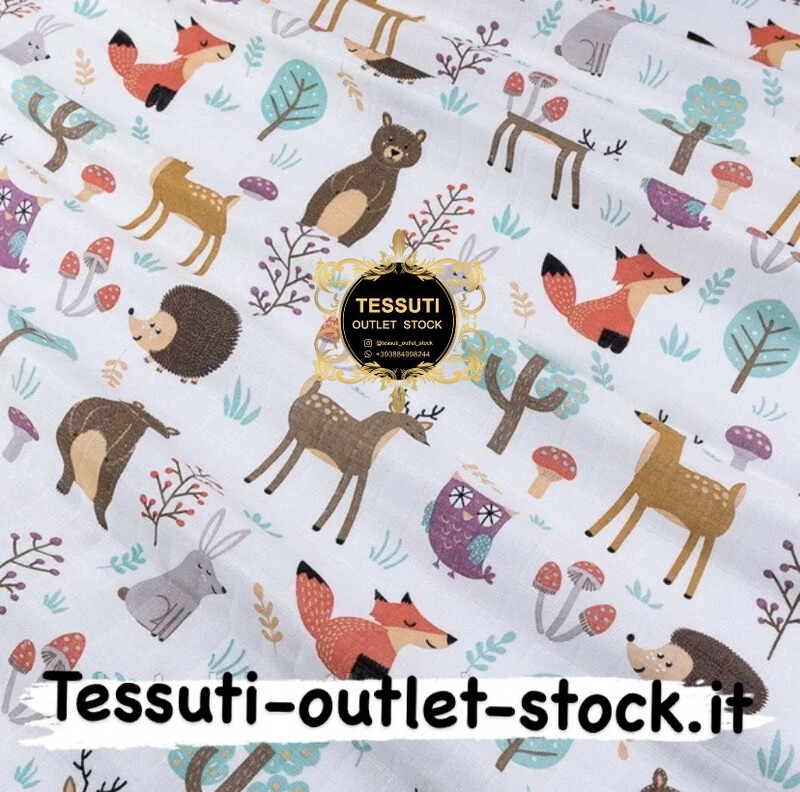 Tessuto mussola a quadri &quot;Animali del bosco su una radura di funghi&quot; su fondo bianco, larghezza 160 cm