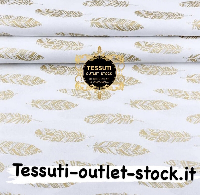 Tessuto cotone fantasia con motivo glitter &quot;Piume d&#39;oro&quot; su bianco (№2075)