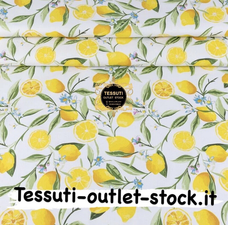 Tessuto di cotone 240 cm di larghezza &quot;Limoni con fiori blu&quot; su bianco (№3555)