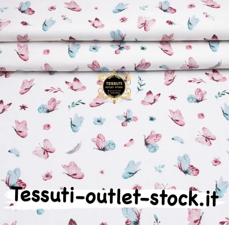 Tessuto di cotone 240 cm &quot;Farfalle svolazzanti&quot; rosa-menta su bianco (№3890)