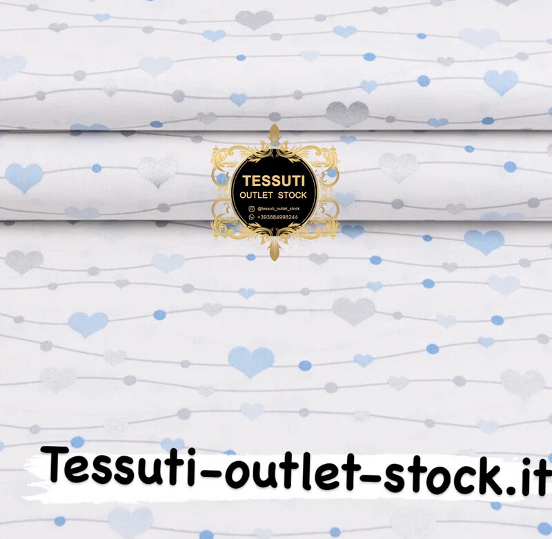 Tessuto di cotone con motivo glitter &quot;Cuori su linee con perline&quot; argento-blu su bianco (№2461)