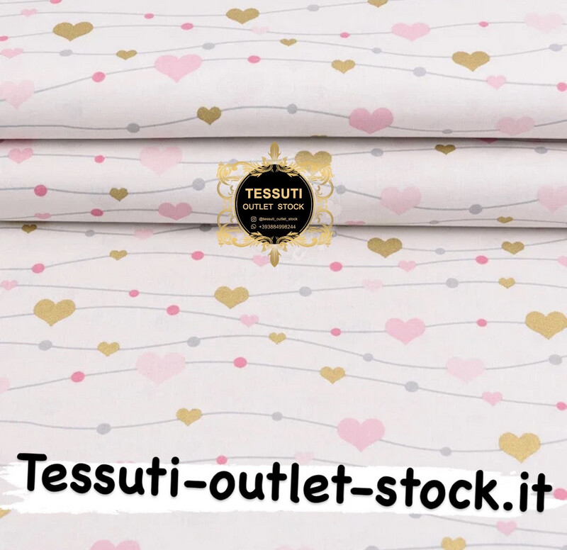 Tessuto di cotone con motivo glitter &quot;Cuori su linee con perline&quot; rosa dorato su bianco (№2460)